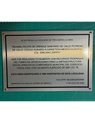Placa personalizada en acabado plata; base y chapetones no incluidos